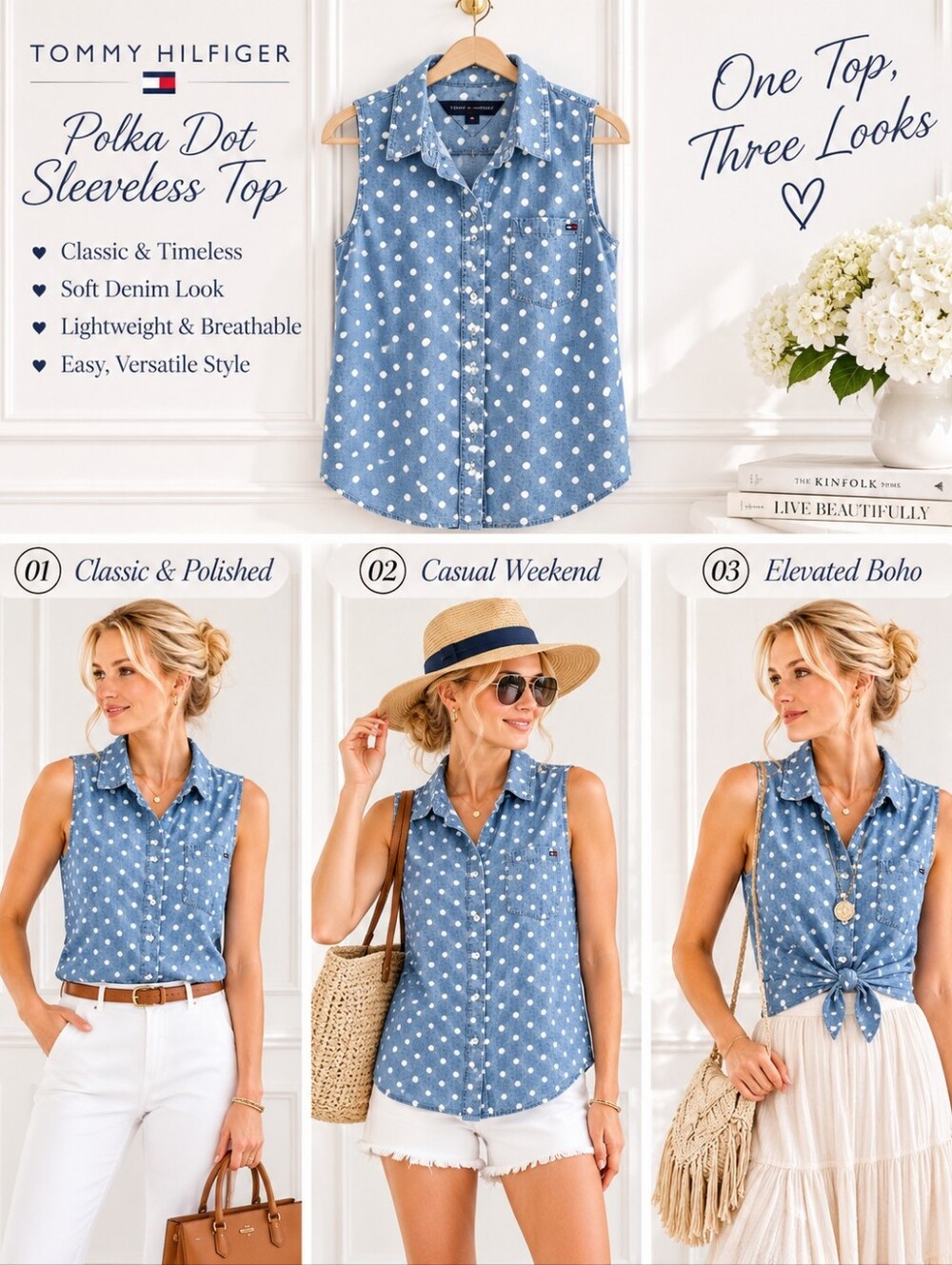 Tommy Hilfiger Blue White Polka Dot Sleeveless Button-Up Blouse XL Preppy Cotton - Picture 3 of 8